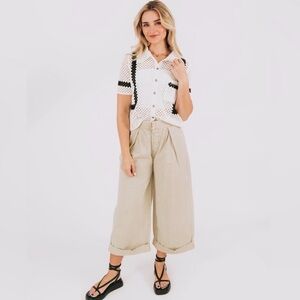 Free People After Love Cuff Pants Khaki Wide Leg Medium Oversized EUC